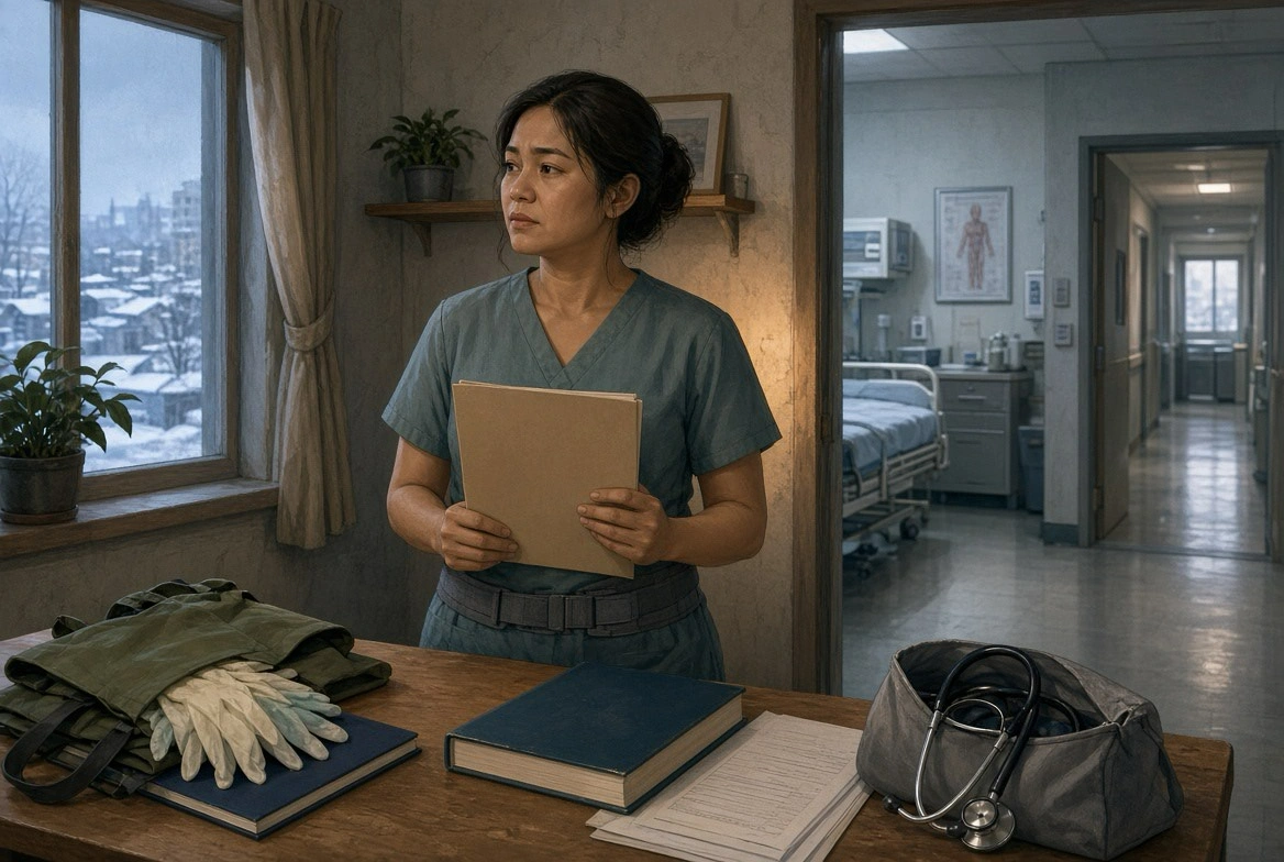 Semi-realistic cinematic editorial illustration of a Filipino care worker considering a realistic career transition from domestic work through caregiving toward regulated nursing in Canada, represented by practical care equipment, education records, and a clinical environment without readable text, flags, or official marks.