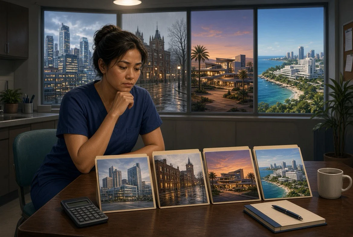 Semi-realistic cinematic editorial illustration of a Filipino registered nurse comparing four overseas career paths represented by distinct hospital environments, contracts, and currencies for the USA, UK, Saudi Arabia, and Australia, without flags, logos, or readable text.
