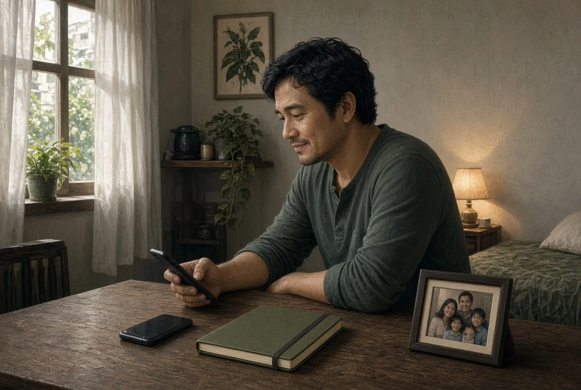 AI-generated editorial image of an overseas Filipino worker holding a phone at a modest apartment table, with a closed budget notebook, another phone, and a framed family photograph nearby, conveying a quiet moment of reflection about family money requests.