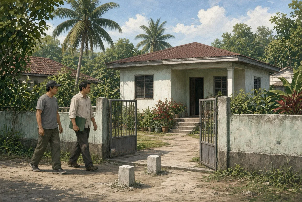 AI-generated semi-realistic editorial illustration of a Filipino property buyer and an inspection professional checking a modest Philippine house-and-lot outdoors, with an open gate and boundary markers emphasizing careful on-site verification.