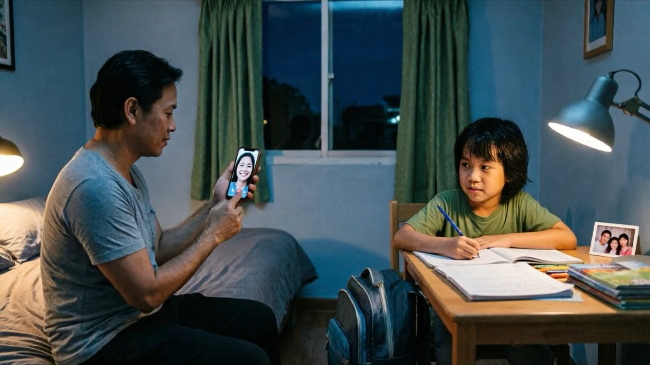 Semi-realistic editorial illustration of an OFW parent on a nighttime video call, seeing a child smiling on screen while quiet signs of stress appear around the child's study desk, with no readable text or official logos.