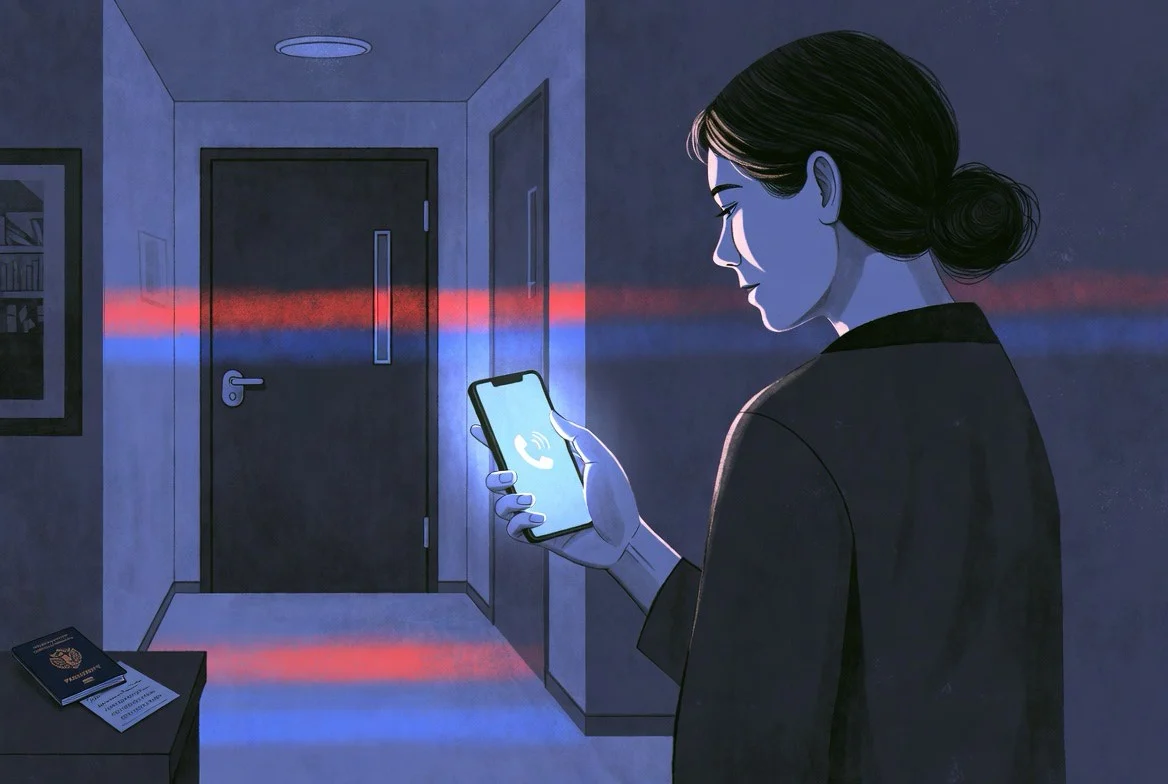 Semi-realistic editorial illustration of an OFW holding a phone in a tense nighttime apartment corridor, with emergency light reflected on the floor and a passport and small contact card visible, without readable text or official logos.