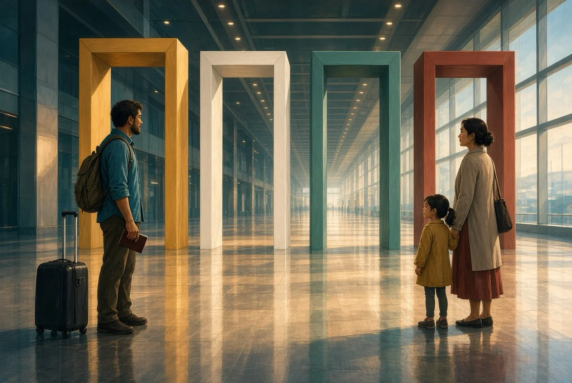 AI-generated semi-realistic editorial illustration of an overseas Filipino worker with a passport and suitcase facing a spouse and child across an airport corridor, with four colored gateways representing the separate steps toward family reunification.