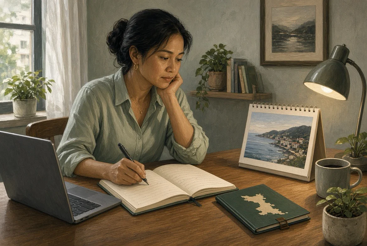 AI-generated semi-realistic editorial illustration of a Filipino woman writing in an open notebook at a modest desk, beside a laptop, a coastal-picture desk calendar, and a closed green folder, suggesting thoughtful planning for future expenses.