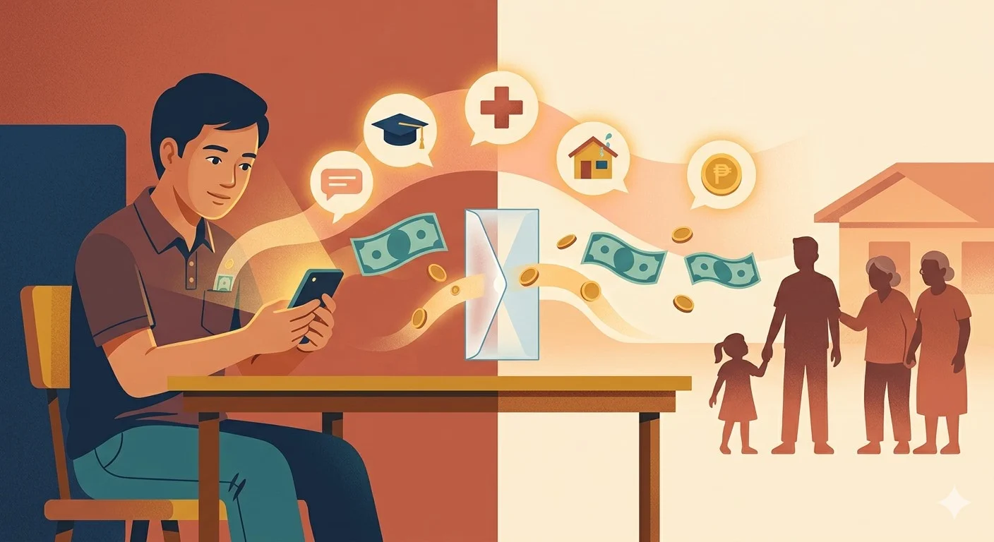 Editorial illustration of an OFW at a phone screen on payday, glowing message bubbles flowing in from family while a single small coin stays in their own pocket, with a budget envelope labeled to redirect the flow.