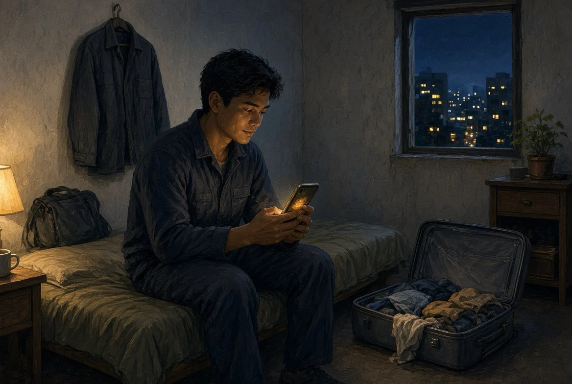 Semi-realistic cinematic editorial illustration of a new Filipino overseas worker sitting alone in modest shared accommodation after a shift, with a work bag, an unpacked suitcase, and a glowing phone suggesting family contact without readable text.