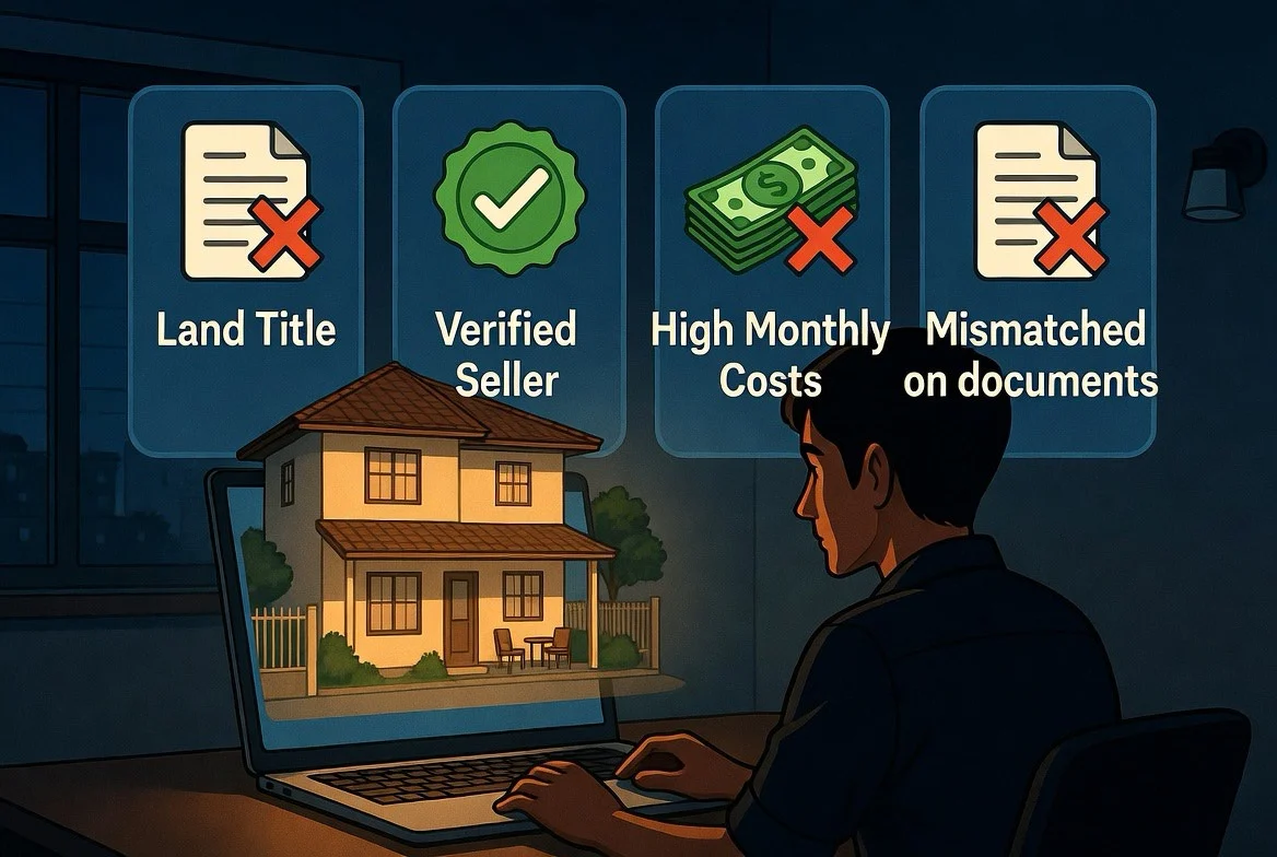 Editorial illustration of an OFW abroad studying a Philippine house listing while four risk markers hover over the property: title, seller, monthly cost, and name on documents.