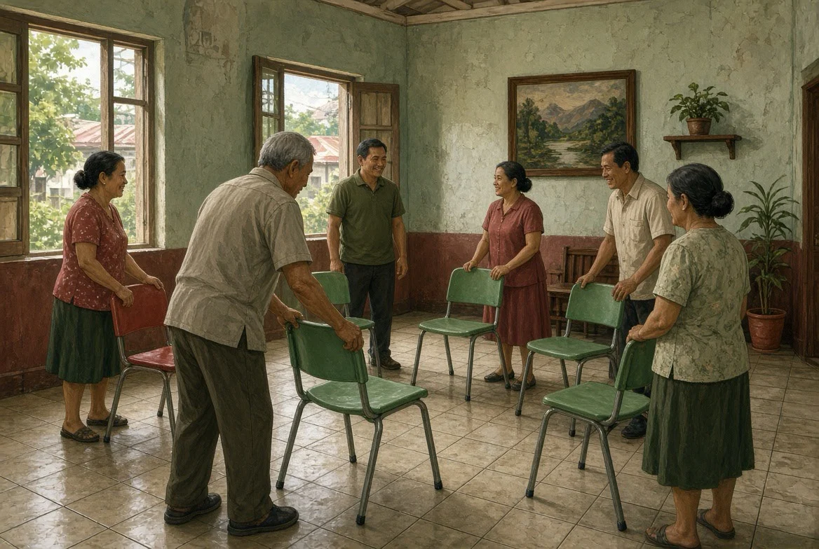 AI-generated semi-realistic editorial illustration of an older Filipino adult placing a chair into a small circle in a modest neighborhood community hall, with other adults preparing for a gathering, suggesting belonging and everyday life after overseas work.