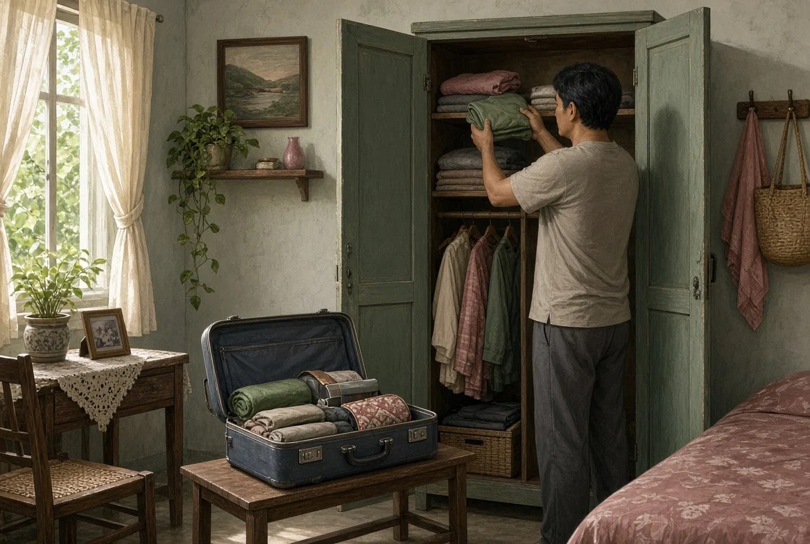 AI-generated semi-realistic editorial illustration of a returning Filipino worker putting everyday clothes into a modest bedroom wardrobe, with an open suitcase nearby, suggesting the quiet process of making space for life at home again.