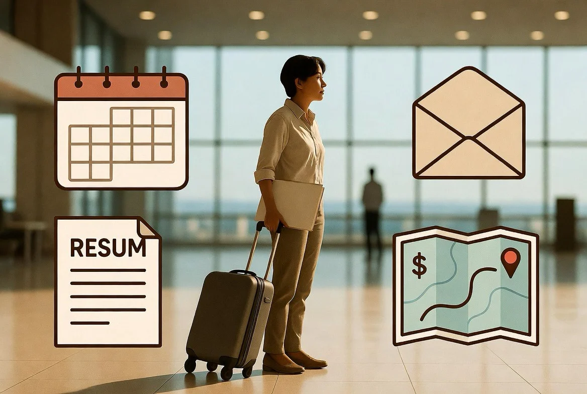 Editorial illustration of a returning OFW at a Philippine airport holding one suitcase and a folder marked 90-day plan, with a calendar, resume, family budget, and job-search map visible in the background.