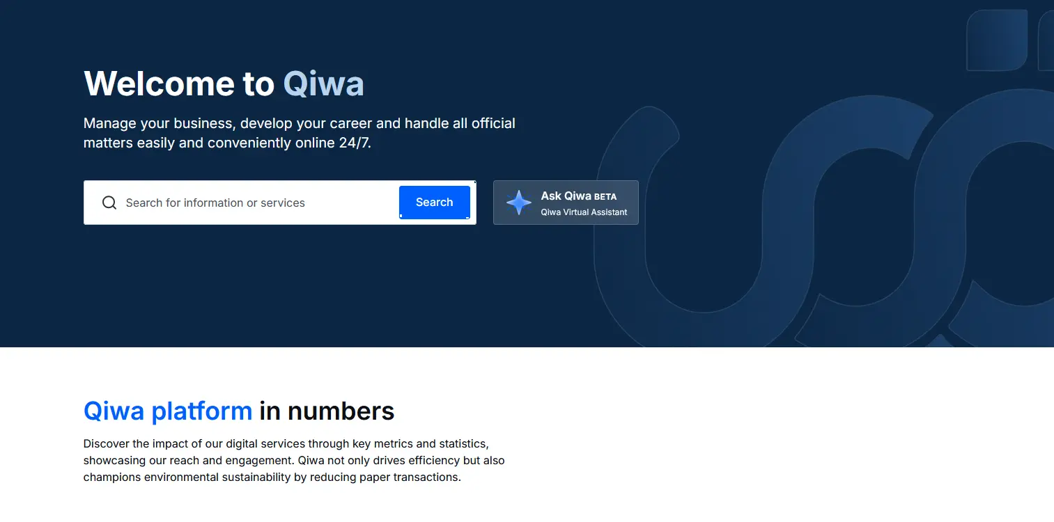 Screenshot of the Qiwa platform homepage at qiwa.sa, the official Saudi Arabian digital portal where employment contracts, work permits, and skill classifications for foreign workers are registered and managed.