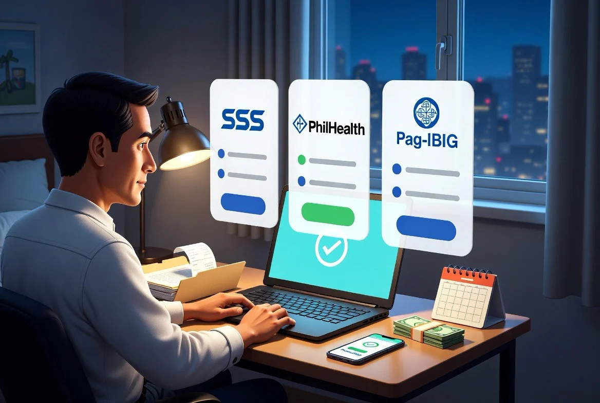 Editorial illustration of an OFW abroad looking at a laptop with three clear payment panels for SSS, PhilHealth, and Pag-IBIG, plus a folder of receipts and a calendar reminder.